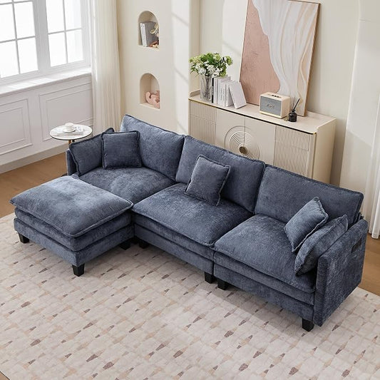 Opiesit Modular Sectional Sofa with Movable Ottoman, 110" 4-Seat Modern Couches for Living Room, Comfy L Shaped Couch Set with Deep Seat for Office and Apartment, Blue Chenille Fabric
