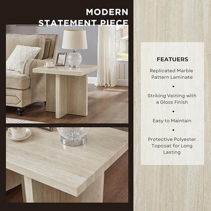 Roundhill Furniture Cavira Modern Faux Marble Living Room Side Table, Beige