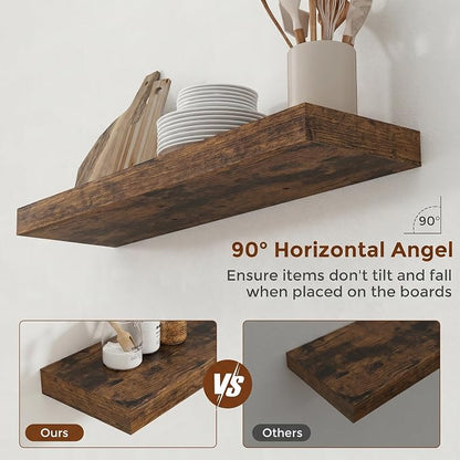 Heimlove 32 Inch Floating Shelves for Wall Rustic Brown Shelves Set of 2,Wall Mounted Rustic Wood 8 Inch Deep Floating Shelf with Invisible Brackets for Bedroom Kitchen Living Room