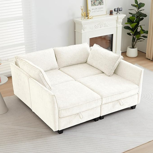 ORRD Sleeper Modular Sectional Sofa Set, Convertible Couch Bed with Storage, 4 Seater and 4 Armrestes Sofa Modular for Living Room, Office (Beige)