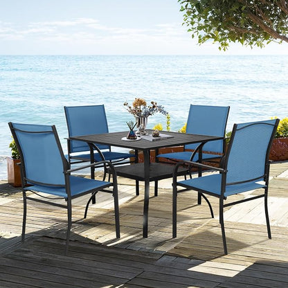 SUNCROWN 6 - Piece Outdoor Dining Set, Patio Furniture Set with 4 Textilene Dinning Chairs, 1 Steel Slat Metal Bistro Table and 1 Dark Blue 9Ft Patio Umbrella for Lawn Garden Backyard Deck, Dark Blue