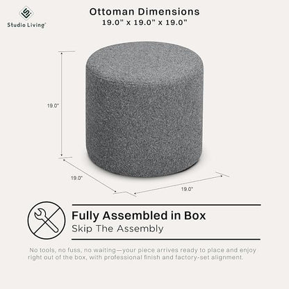 Studio Living Wentworth 19" Round Ottoman, Urban Transitional, Fully Assembled, Faux Sherpa Fabric, Gray