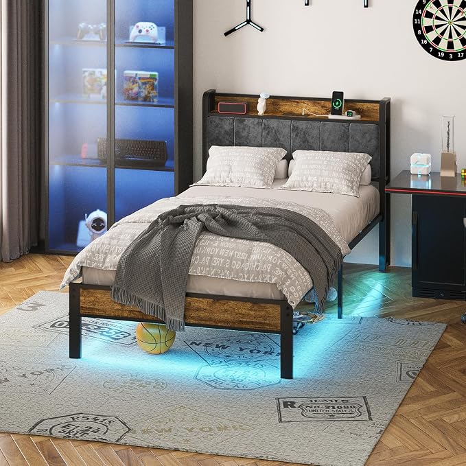 ALBERTO Bed Frame Twin Size with USB Charging Station and Smart LED Lights, Upholstered Storage Headboard, Heavy Duty Metal Platform Bed Noise Free, No Box Spring Needed, Easy Assembly
