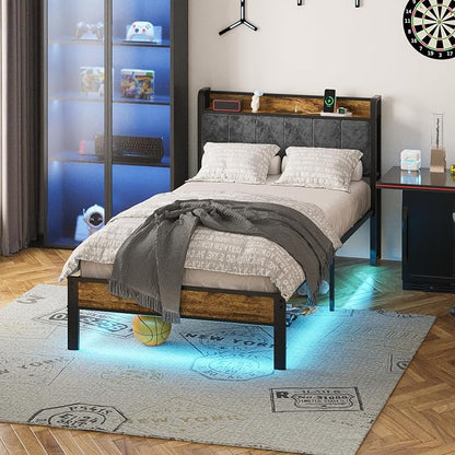 ALBERTO Bed Frame Twin Size with USB Charging Station and Smart LED Lights, Upholstered Storage Headboard, Heavy Duty Metal Platform Bed Noise Free, No Box Spring Needed, Easy Assembly