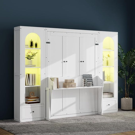 MERITLINE Queen Murphy Bed with Desk and Storage Shelves & LED Light, Solid Wood Hideaway Murphy Wall Bed with Storage Bookcase Shelves and Drawers for Adults (White) (Queen,White W/Led)