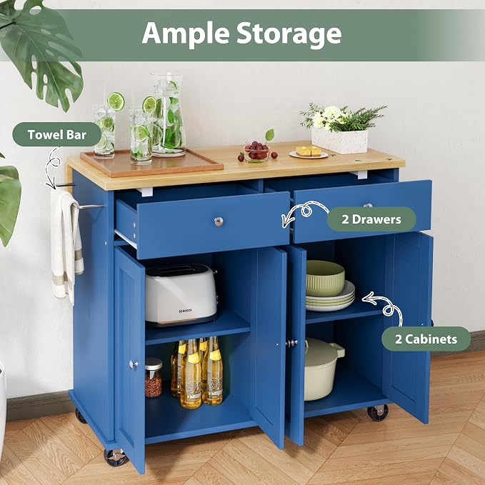 JY QAQA 39" Kitchen Island on Wheels with Storage Cabinet Kitchen Cart Cabinet with Shelves, Cart Handle for Towel Rack or Free Mobility, Portable Islands, Blue