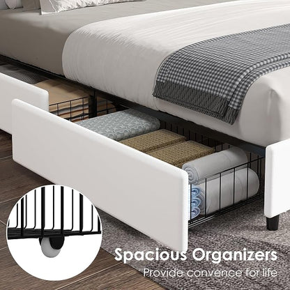 VECELO Queen Size Upholstered Bed Frame with 4 Storage Drawers, Adjustable Velvet Rivet Decor Headboard, Wooden Slats Platform Support, No Box Spring Needed, Easy Assembly,White