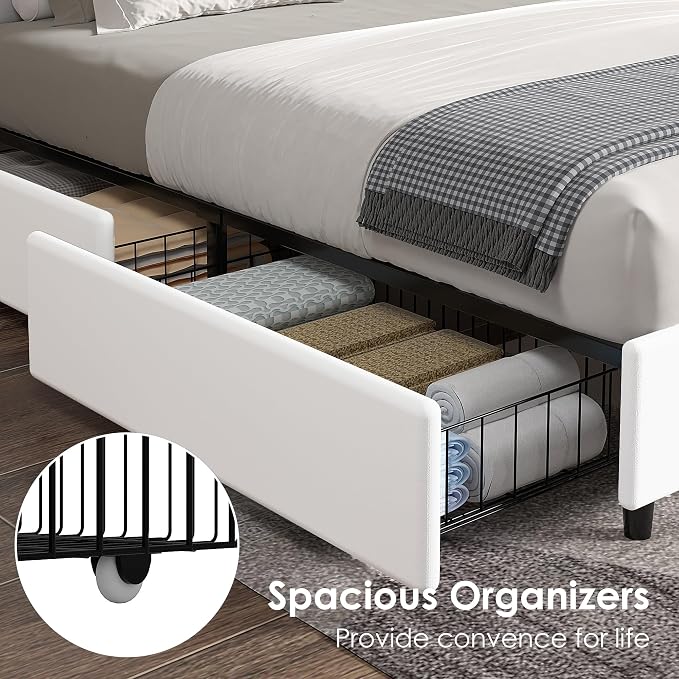 VECELO Full Size Upholstered Bed Frame with 4 Storage Drawers, Adjustable Velvet Rivet Decor Headboard, Wooden Slats Platform Support, No Box Spring Needed, Easy Assembly,White