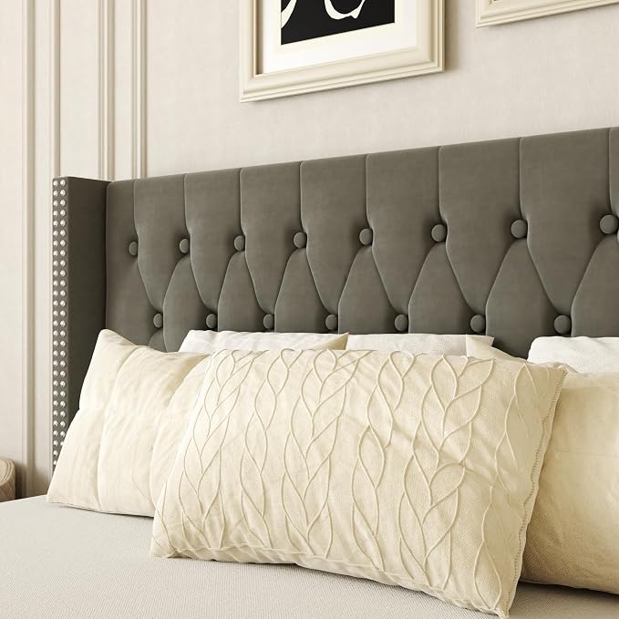 HAOARA King Size Bed Frame, Upholstered Platform Bed with Wingback Headboard, Velvet Button Tufted, Easy Assembly, No Box Spring Needed, Green