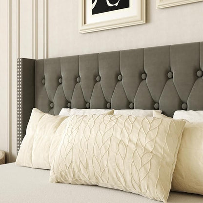 HAOARA King Size Bed Frame, Upholstered Platform Bed with Wingback Headboard, Velvet Button Tufted, Easy Assembly, No Box Spring Needed, Green