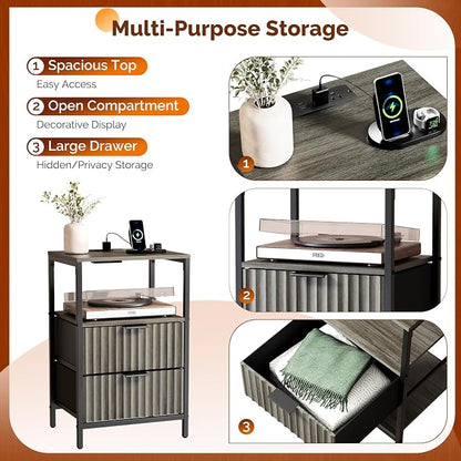 VINGLI Grey Night Stand with Charging Station and Fabric Drawers, Fluted Nightstand Gray with Drawers, Grey Bedside Table/End Table for Bedroom, 14.96" W*11.81" D*23.78" H