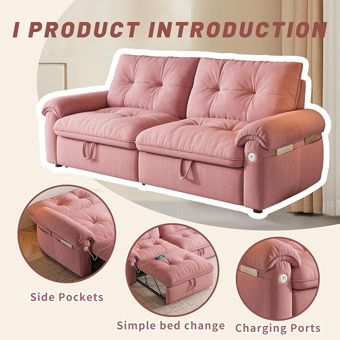 77.2'' Pull Out Couch Full Size, Pre-Assembled Sleeper Sofa Bed, Flannel Convertible Futon Sofa Bed with Adjustable Backrest, USB, Side Pockets, Loveseat for Living Room, Apartment, Pink