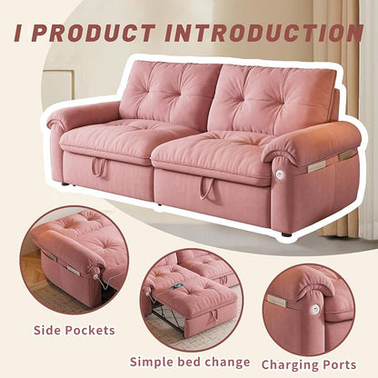 77.2'' Pull Out Couch Full Size, Pre-Assembled Sleeper Sofa Bed, Flannel Convertible Futon Sofa Bed with Adjustable Backrest, USB, Side Pockets, Loveseat for Living Room, Apartment, Pink