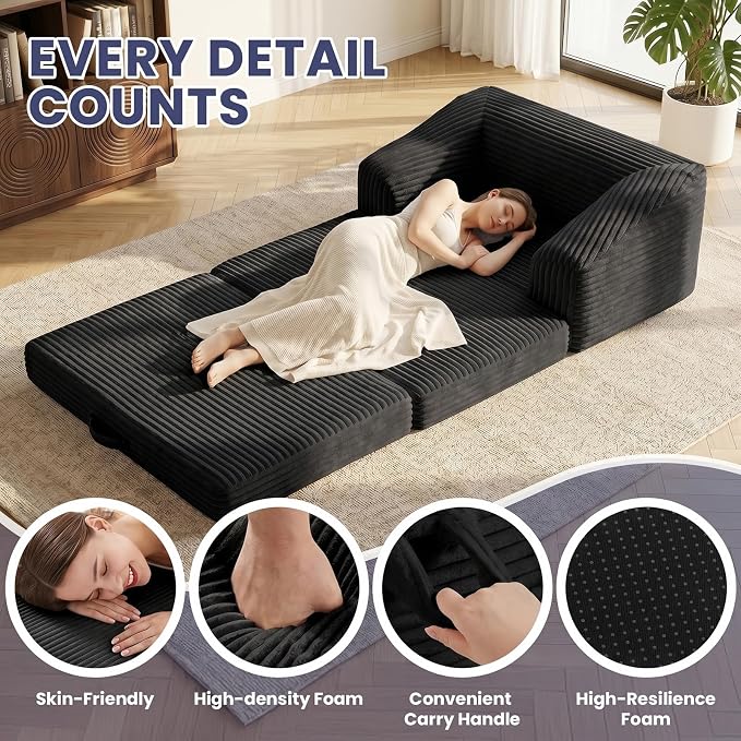 JUIKURY Convertible Sofa Bed, 3-in-1 Foldable Loveseat Couch with Armrest, Corduroy Floor Sofa & Sleeper Bed, No Assembly High-Density Foam Futon Mattress for Living Room, Small Apartment, Dorm