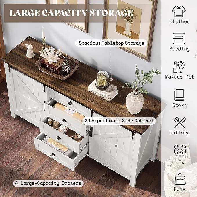 AMERLIFE 3-Piece Farmhouse Bedroom Furniture Set with Dresser and 2 Nightstands, Sliding Barn Door Wood Storage Set for Bedroom, Distressed White