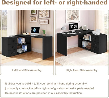 HSH L Shaped Office Desk with Drawers Shelves 55-76 Inch, Corner Computer Desk with Storage 360 Rotating Long for Executive, Work, Study, Writing, Teacher, Bedroom Modern Gaming Table Black