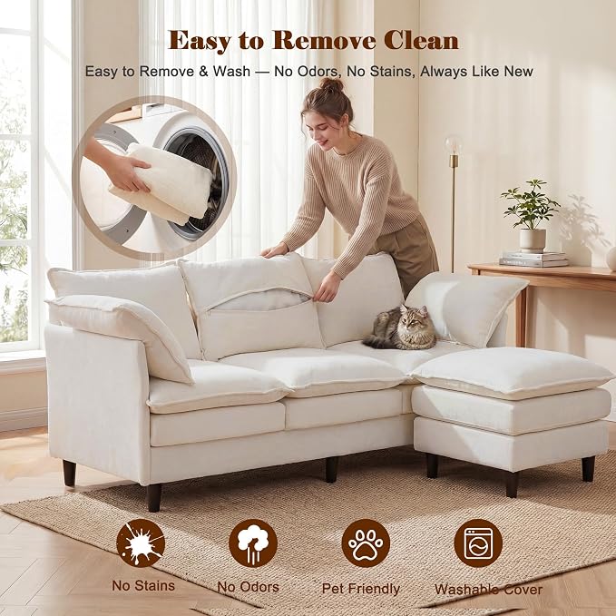 3 Seater L-Shape Couch Sofa with Ottoman, 69" Small Couch Modern Comfy Cloud Chenille Sofa 23" Deep with Washable Pillow Cover Couches for Living Room Bedroom Apartment Office 69-Beige-L