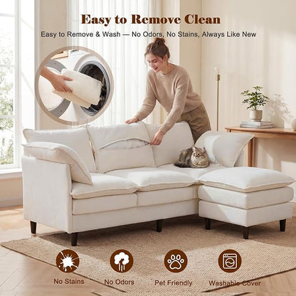 3 Seater L-Shape Couch Sofa with Ottoman, 69" Small Couch Modern Comfy Cloud Chenille Sofa 23" Deep with Washable Pillow Cover Couches for Living Room Bedroom Apartment Office 69-Beige-L