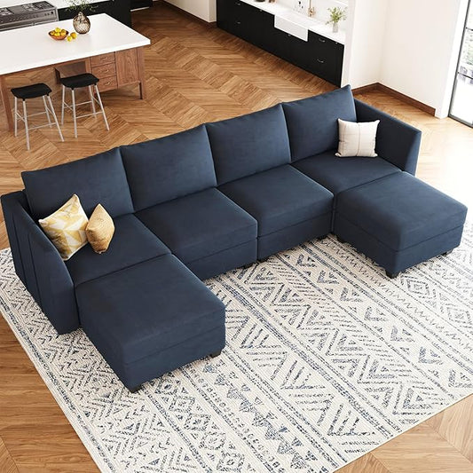 Belffin Modular Sectional Sofa U Shaped Couch with Storage Velvet Sectional Couch for Living Room Blue