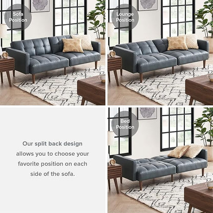 mopio Aaron 76.8" Couch, Small Futon Sofa Bed, Sleeper, Loveseat, Mid Century Modern Futon Couch, Sofa Cama, Couches for Living Room, Bedroom (Cloud Gray, Faux Leather)
