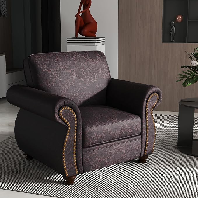 Couchus Vintage Accent Chair with Rivet Decoration, Traditional Upholstered Armchair, Living Room Chair, Rustic Single Sofa Chair for Bedroom, Reading Room & Office (Brown, Single)