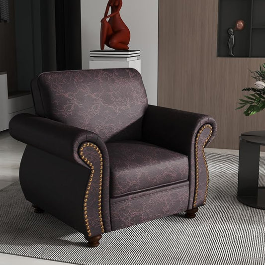 Couchus Vintage Accent Chair with Rivet Decoration, Traditional Upholstered Armchair, Living Room Chair, Rustic Single Sofa Chair for Bedroom, Reading Room & Office (Brown, Single)