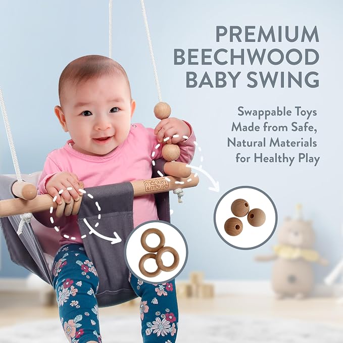 Monkey & Mouse Baby Swing, Cream Indoor Outdoor Portable Hanging Chair - Infant & Toddler Kids 6 Months - 4 Years, Cotton Canvas & Beech Wood Frame, Sensory Hammock Boy & Girl Seat w/Wooden Toys
