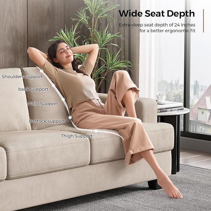 COPIAE 89 Inch Sofa with Extra Deep Seats Oversize, 3 Seater Sofa for Living Room, Modern Couch and Sofa, Comfy Armrests and Seats and Backrests, Easy Installation, Corduroy Fabric Apricot
