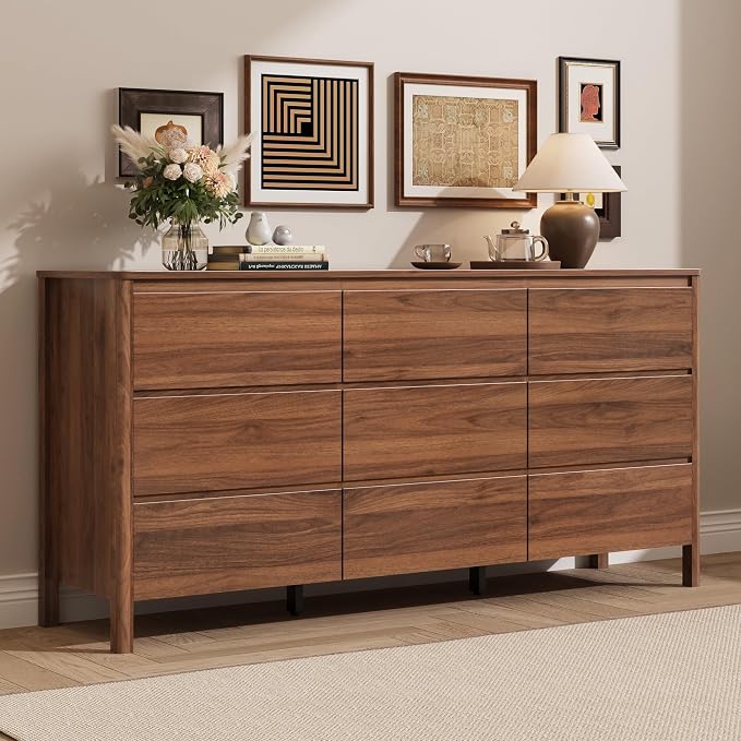 MAISONARIA Walnut 3-Piece Dresser Bedroom Set, 9 Drawers Dresser & 3 Drawer Nightstands with Hidden Handles, Wood Chest of Drawers for Bedroom, Living Room, Entryway