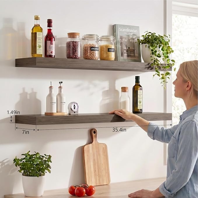 Floating Shelves for Wall, Bathroom Shelves Over Toilet, Wall Shelves & Book Shelf for Room, Hanging Shelf, Modern Wooden Mounted Floating Shelves, 36x7x1.5 in (Smoke Gray, Set of 2)