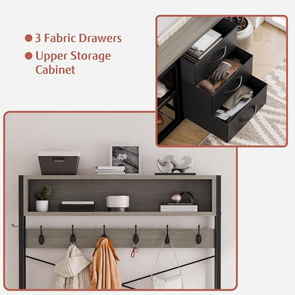 Lulive Hall Tree with 3 Drawers, Industrial Entryway 39.4" Coat Rack Shoe Bench, Freestanding Mudroom Organizer with 12 Hooks, Top Shelf Storage (Grey)
