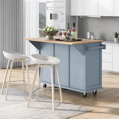 Large Kitchen Island with Rubber Wood Drop Leaf, Rolling Kitchen Cart with Ample Storage on Wheels with Doors and Drawers for Dining Room (Modern Grey Blue, Black Handle, 53Inch)