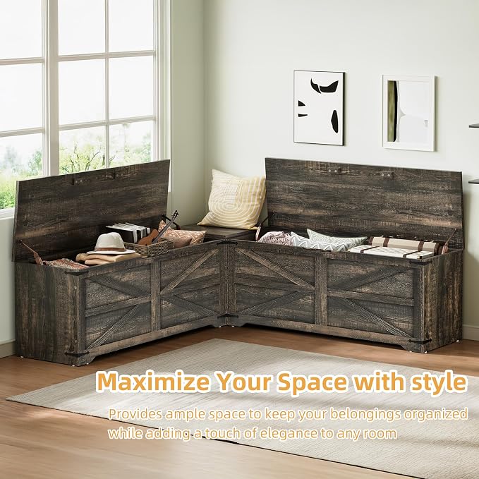 DWVO L-Shaped Storage Bench, 18" High Corner Dining Bench with Safety Hinges, Wooden Nook Chest for Living Room, Bedroom | Safety Hinges, Wooden Nook Chest for Living Room, Bedroom