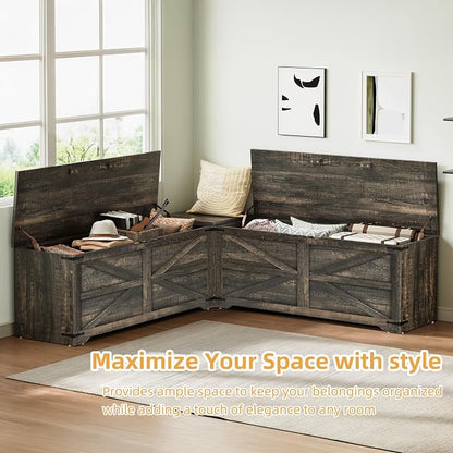 DWVO L-Shaped Storage Bench, 18" High Corner Dining Bench with Safety Hinges, Wooden Nook Chest for Living Room, Bedroom | Safety Hinges, Wooden Nook Chest for Living Room, Bedroom