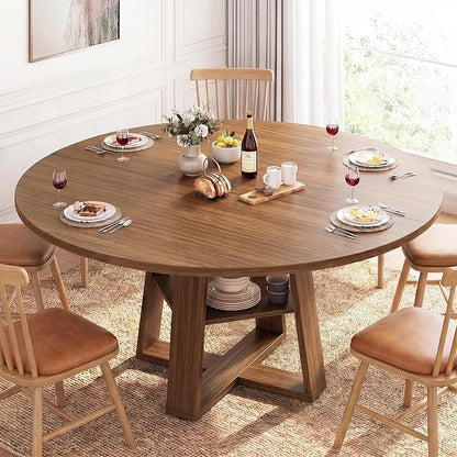 DUMOS Extendable Round Dining Table for 4-6, Modern Kitchen Oval Dinner Table with Storage Shelf, Wood Pedestal Base, Space Saving Modern Style, Brown