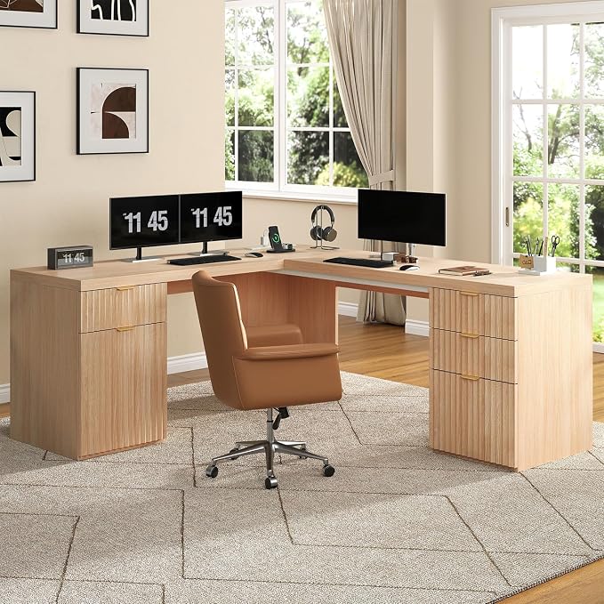 69" Fluted L Shaped Executive Desk with Power Outlets & File Drawer, Modern Wood L Shaped Office Desk with Storage Cabinet and Drawers, Large Corner Desk Computer Writing Desk for Home, Natural Oak