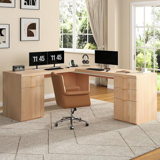 69" Fluted L Shaped Executive Desk with Power Outlets & File Drawer, Modern Wood L Shaped Office Desk with Storage Cabinet and Drawers, Large Corner Desk Computer Writing Desk for Home, Natural Oak