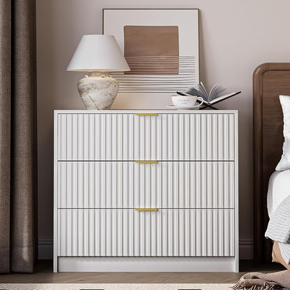 MAISONARIA 3-Piece Dresser Bedroom Set, 9 Drawer Dresser & 3 Drawer Nightstands with Gold Handles, Fluted Wood Chest of Drawers for Bedroom, Living Room, Entryway, White