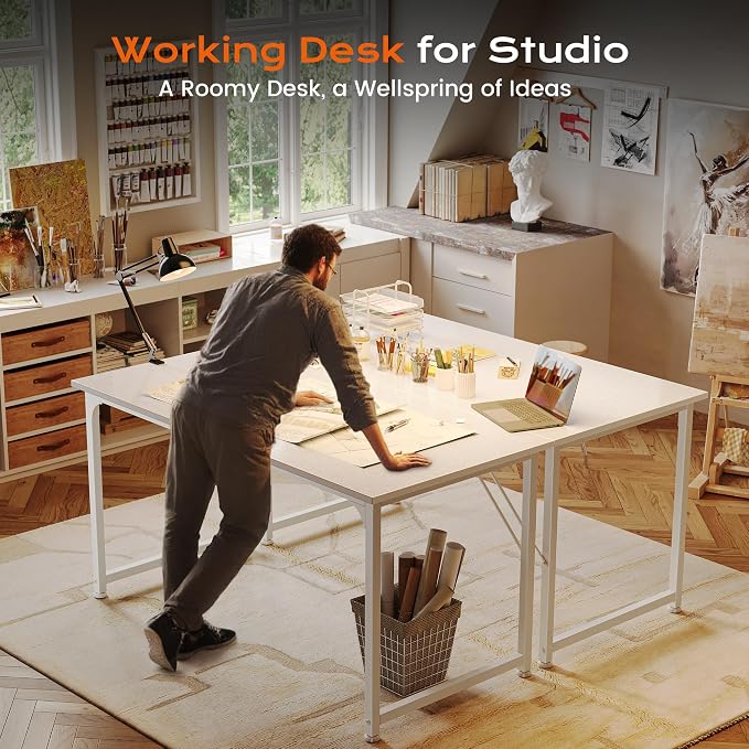 PRAISUN 48 X 24 Inch Computer Desk with Deeper Desktop, Gaming Office Writing Work Desk for Home Office, Study, Bedroom, Work from Home, Metal Frame, White