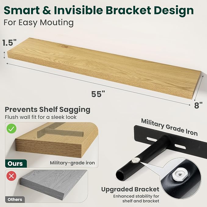 Floating Shelves for Wall, 55 Inch x 8 Inch Deep Wall Mounted Wood Shelf with Invisible Brackets for Storage & Display, Living Room Bedroom Kitchen, Oak, Set of 2