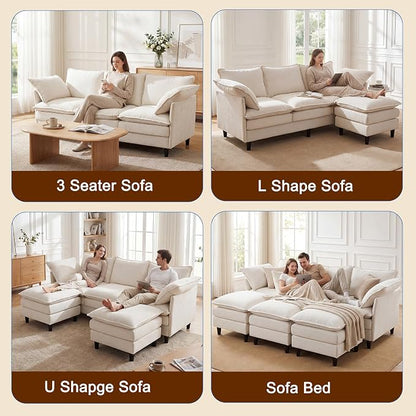 3 Seater L-Shape Couch Sofa with Ottoman, 69" Small Couch Modern Comfy Cloud Chenille Sofa 23" Deep with Washable Pillow Cover Couches for Living Room Bedroom Apartment Office 69-Beige-L