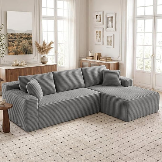 Boneless Couch, 102.4" Sectional Couches for Living Room with L Shape Sofa | Cloud Couch Sectional with Chaise, Modular Cloud Sofa with Deep Seat, No Assembly, Beige, Corduroy, Right Chaise