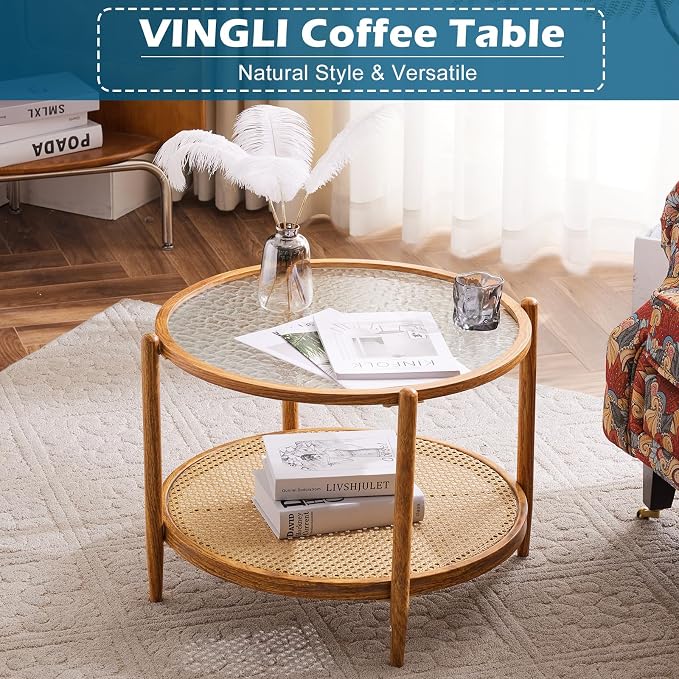 VINGLI 25.6" Rattan Coffee Table, Round Water-Wave Glass Metal Center Table, Modern Coffee Table with 2-Tier Storage, Farmhouse Circular Coffee Tables for Living Room and Small Space, Natural Vibe