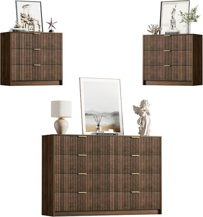 Furniway 3 Piece Bedroom Set, 8 Drawer Dresser and 3-Drawer Nightstand Set of 2 with Gold Handles, Mid-Century Modern Wood Chest of Drawers Storage Cabinet for Bedroom, Walnut
