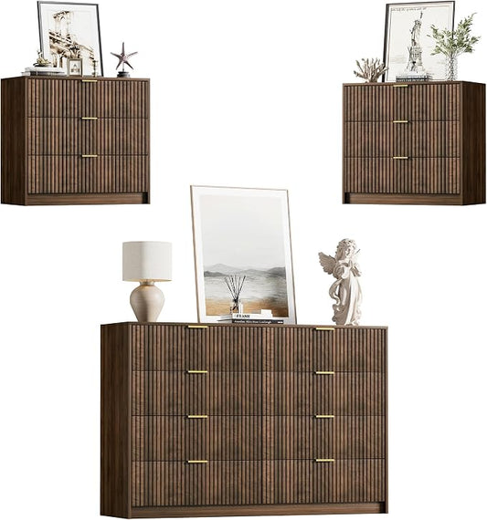 Furniway 3 Piece Bedroom Set, 8 Drawer Dresser and 3-Drawer Nightstand Set of 2 with Gold Handles, Mid-Century Modern Wood Chest of Drawers Storage Cabinet for Bedroom, Walnut