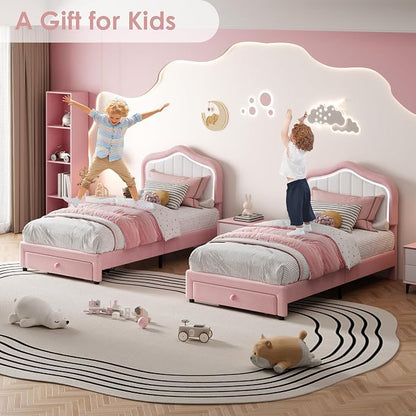 Twin Upholstered Bed Frame With Storage Drawer and Smart Led Headboard, Princess Twin Size Platform Bed Frames for Kids/Girls, Wooden Slats Support, No Box Spring Needed, Easy Assembly, Pink