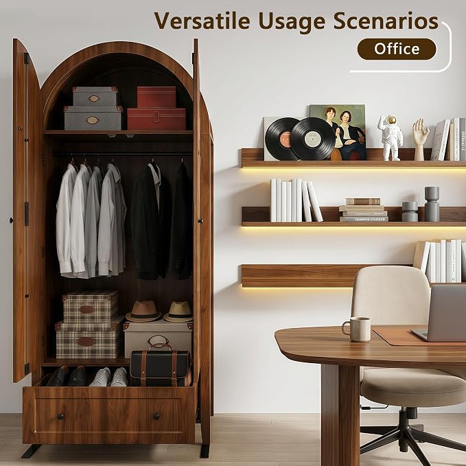 Einhomn Armoire Wardrobe Closet with Drawer & 2 Arched Doors, 70.3'' Tall Wood Closet Organizer with Hanging Rod & 3 Hooks, Large Storage Cabinet Freestanding Bedroom Admoires, Easy Assembly, Walnut