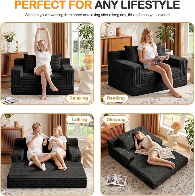 Erament Boneless Loveseat Convertible Sofa Bed, Folding Floor Futon Sleeper Sofa Couch Bed- Boneless Foldable Couch, Furry Pull Out Sofa Bed with 2 Pillows for Living Room & Bedroom