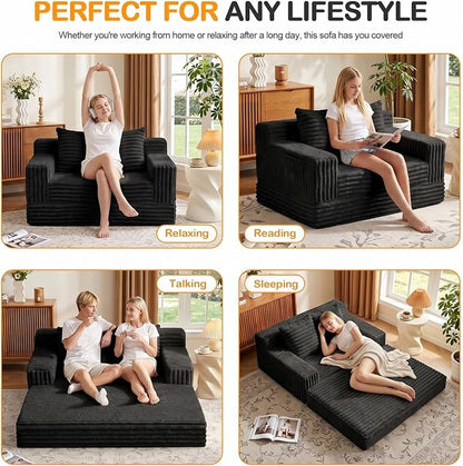 Erament Boneless Loveseat Convertible Sofa Bed, Folding Floor Futon Sleeper Sofa Couch Bed- Boneless Foldable Couch, Furry Pull Out Sofa Bed with 2 Pillows for Living Room & Bedroom