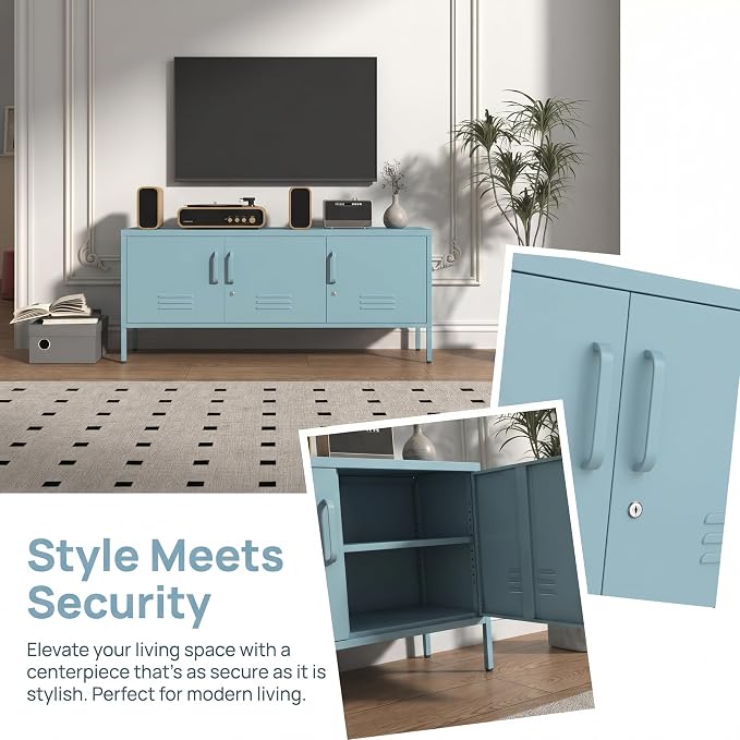 3 Door Lockable Metal TV Stand Storage Cabinet with Accent Cabinet Locker, Wide Heavy Duty Media Console for Large 100+ Inch TVs, Home Office Entertainment Center, Blue 22"H X 47.3"W X 13.8"D